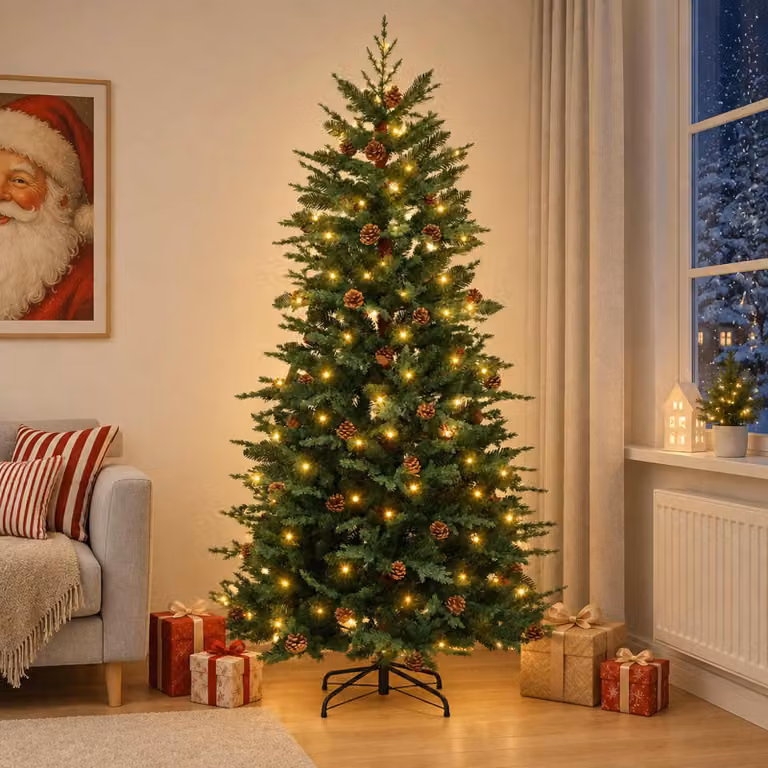Albero di Natale artificiale pieghevole, altezza 150 cm, con 150 luci a LED