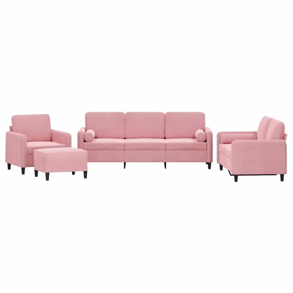 Set di divani vidaXL in velluto rosa composto da divano a 3 posti, divano a 2 posti, pouf e cuscini per soggiorno in stile moderno – 2