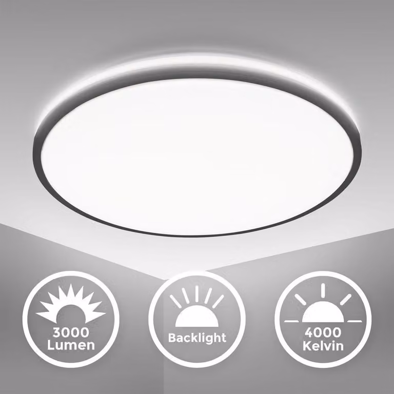 B.K.Licht Plafoniara LED, 24W, diametro 38cm, luce bianca neutra 4000K, 3000Lm, Lampada da soffitto con illuminazione indiretta, Nero