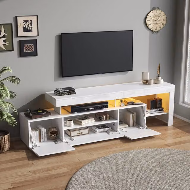 Mobile porta TV OKWISH moderno con LED e finitura lucida bianca per soggiorno L: 192 cm, P: 37 cm, H: 53 cm