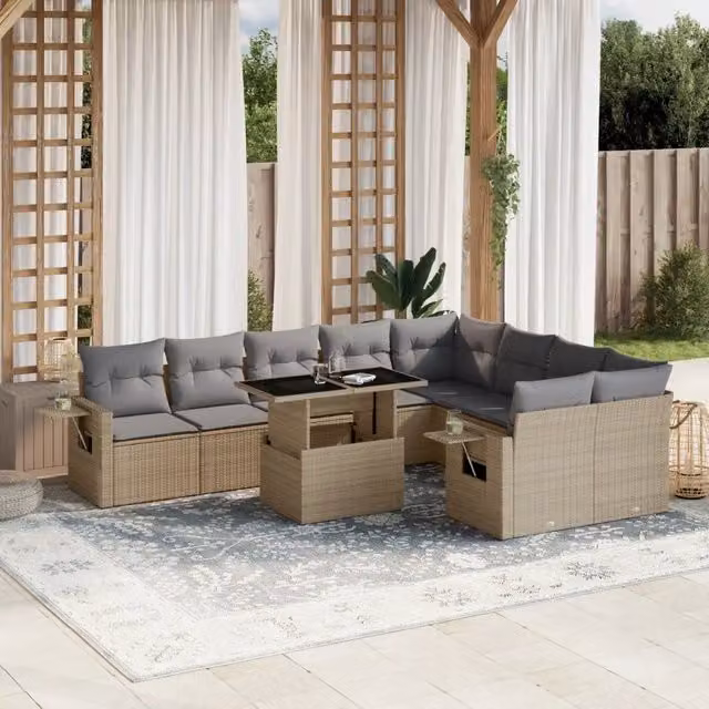 Set Divano da Giardino vidaXL in Polyrattan 10 Pezzi con Cuscini Beige e Tavolino per Terrazza e Giardino