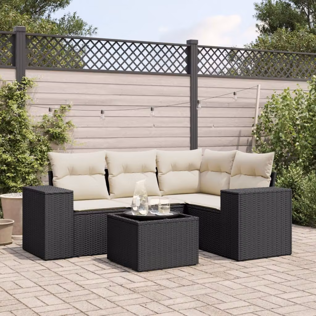 vidaXL Set Divani da Giardino 5 pz a Forma a L con Cuscini, Polyrattan e Struttura in Acciaio Verniciato a Polvere, Nero e Bianco – 1