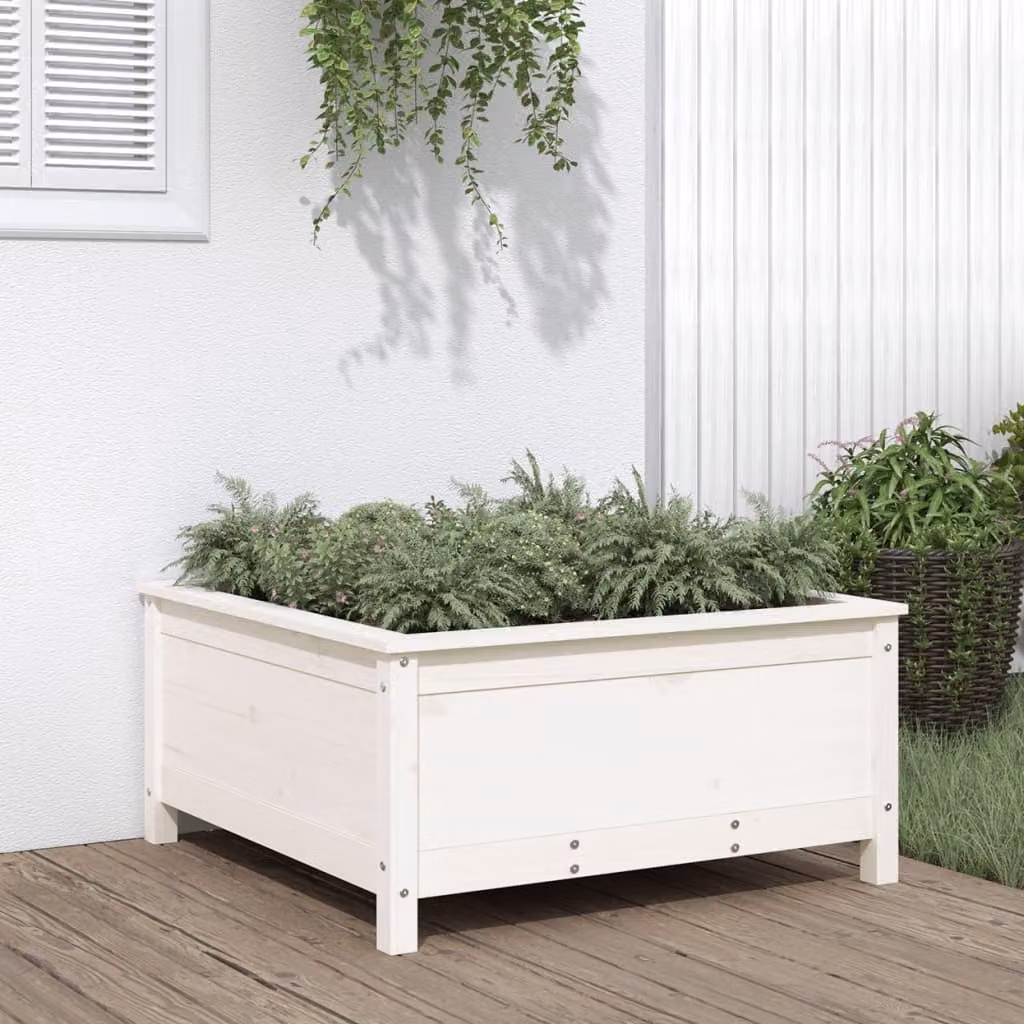 Fioriera da giardino vidaXL in legno di pino massello, colore bianco, L: 82,5 cm, P: 82,5 cm, H: 39 cm