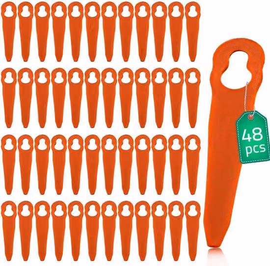 Lame di ricambio in plastica arancione per tosaerba e trimmer - confezione da 48 pezzi - resistenti e pratiche.