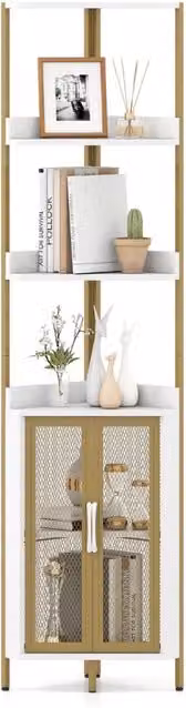 Libreria angolare industrial Design Mania con 6 ripiani regolabili e ante, colore bianco e oro, Altezza: 170 cm