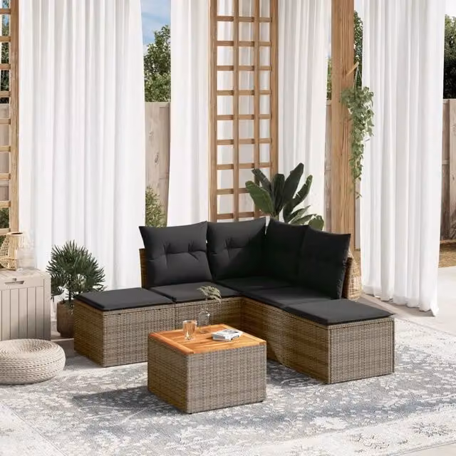 Set Divano da Giardino a L vidaXL in Polyrattan Grigio con 6 Cuscini e Tavolino da Esterno