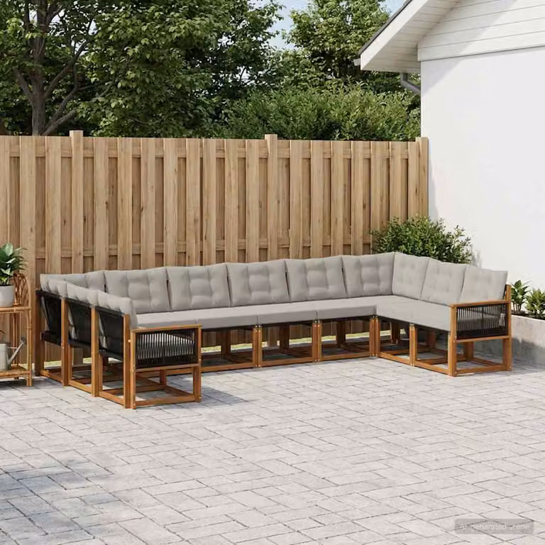Set di divani da esterno vidaXL a forma di U composto da 10 pezzi in legno di acacia e tessuto textilene, colore beige e grigio chiaro