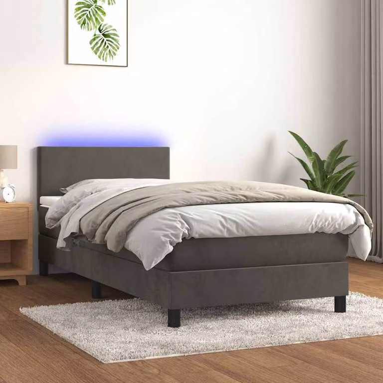 Letto a Molle con Materasso vidaXL in Velluto Grigio con Illuminazione LED e Porte USB, L/P: 90 x 200 cm