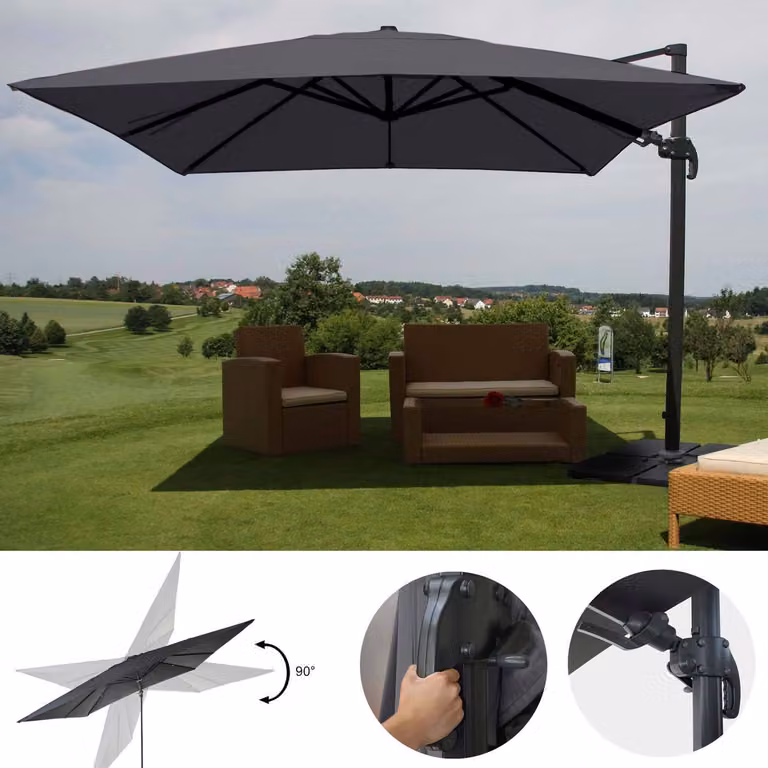 Ombrellone a semaforo per la ristorazione MCW-A96, 3x3 m (Ø 4,24 m), orientabile, in poliestere, alluminio/acciaio, 23 kg ~ antracite con base