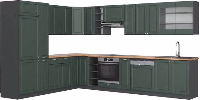 Cucina angolare completa Fame-Line Verde-oro rustico/Antracite 347 x 257 cm, PL Rovere Vicco