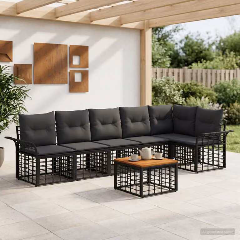 vidaXL Set di divani da esterno a L composto da 7 pezzi con cuscini in tessuto nero, grigio e antracite e struttura in metallo e legno di acacia