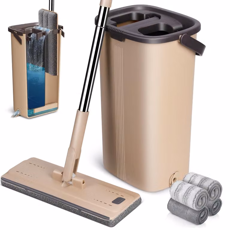 Set per la pulizia dei pavimenti con mop piatto, completo di secchio, girevole a 360°, con sistema di auto-pulizia e 6 panni