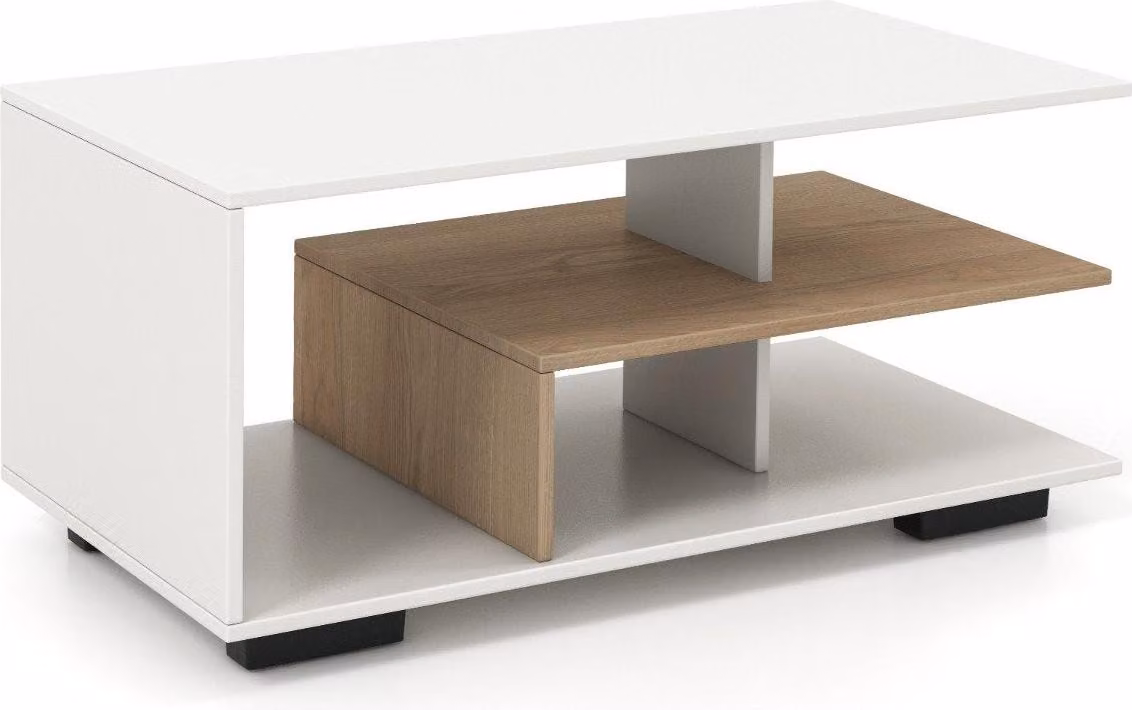 Tavolino con contenitore e amp; Tavolo da salotto rettangolare con ripiano centrale a forma di L, tavolo d'accento bianco