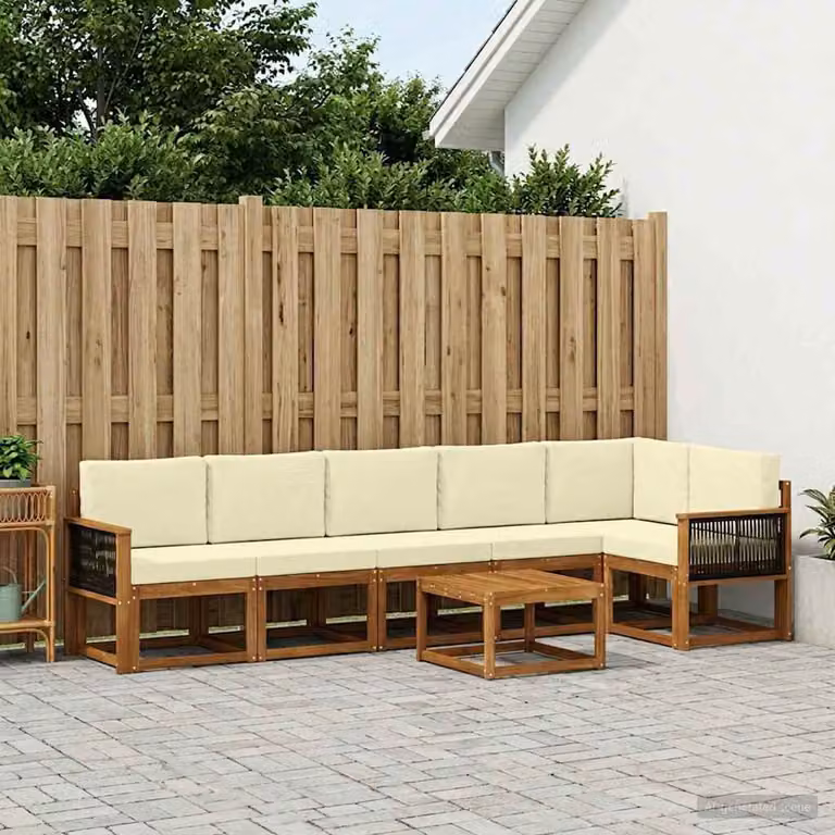 Set di divani da esterno vidaXL 7 pz in legno di acacia con cuscini beige e bianco e tavolino da giardino a forma di L