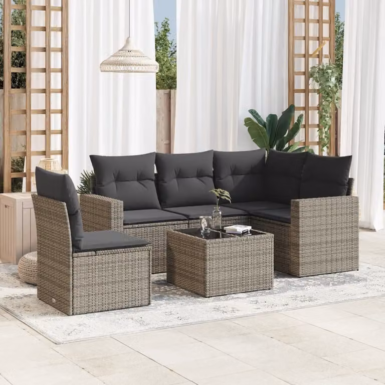 vidaXL Set Divano da Giardino a L 6 pz in Polyrattan Grigio con Cuscini e Tavolino