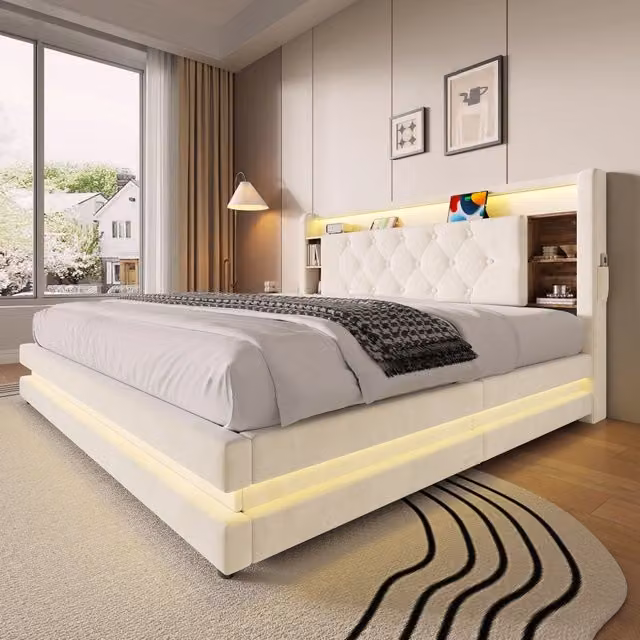 Letto imbottito 160x200 cm con contenitore; LED e USB in velluto beige