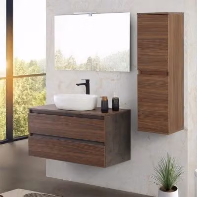 Mobile bagno sospeso Kleo con top lavabo e specchio color noce e ossido L: 100 cm – 1