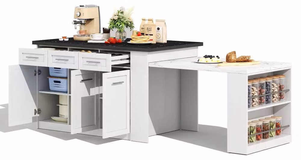 Isola da cucina - Tavolo allungabile - 150 + 96 cm - Aspetto marmo - Contenitori integrati - Legno - Bianco