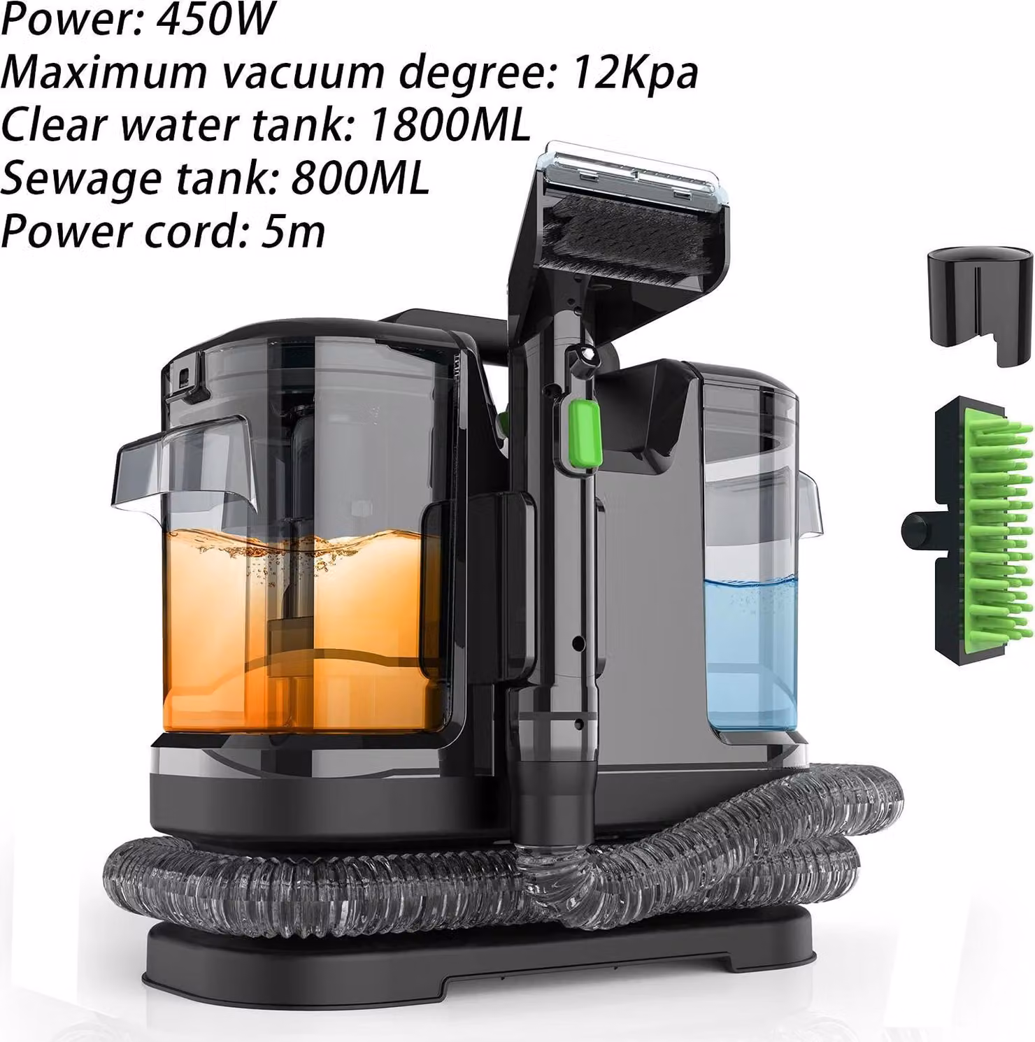 Aspirapolvere per superfici asciutte e umide - 12 kPa. Pulitore per tappeti e tessuti - 450 W - Doppio serbatoio da 1080/800 ml - Alimentazione a cavo con spina EU - Pulizia di tessuti e rimozione delle macchie