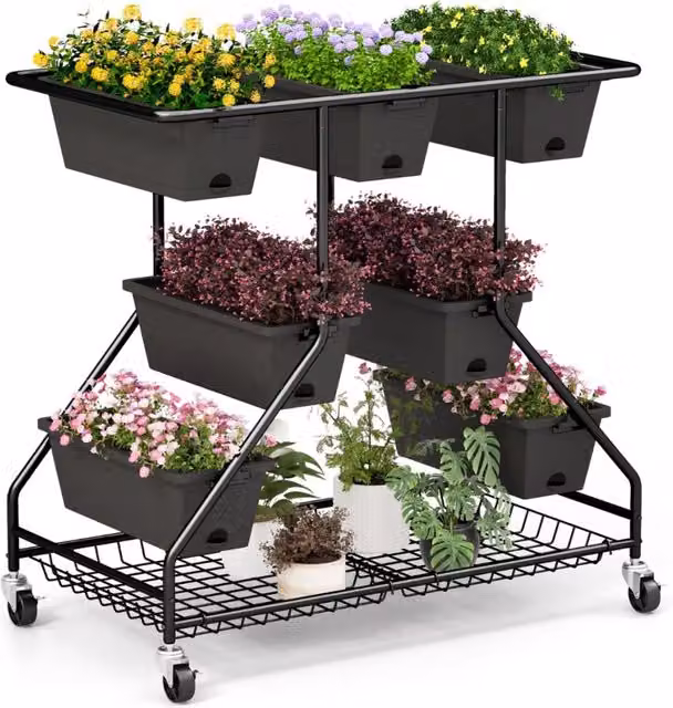 Letto da giardino verticale Design Mania con 7 vasi, portavasi a 3 livelli in metallo e fibra di vetro, colore Nero