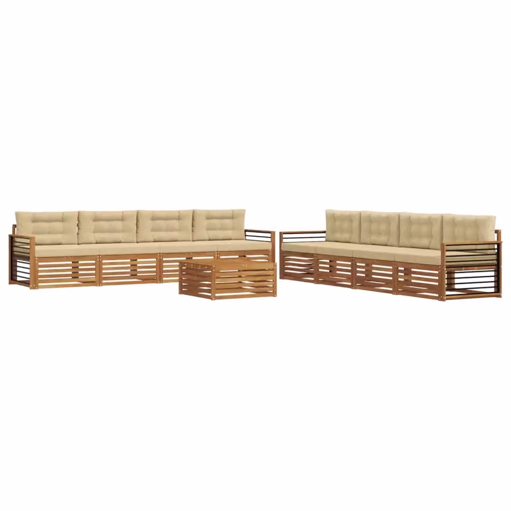 Set di mobili da esterno vidaXL a forma di U composto da 9 pezzi con divano a 3 posti, tavolino da caffè e cuscini in legno di acacia trattato, colore beige e marrone – 2