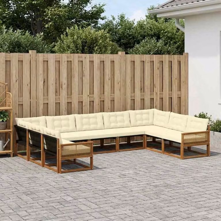 vidaXL Set di divani da esterno a L in legno di acacia con cuscini, 9 pezzi, Beige e Bianco