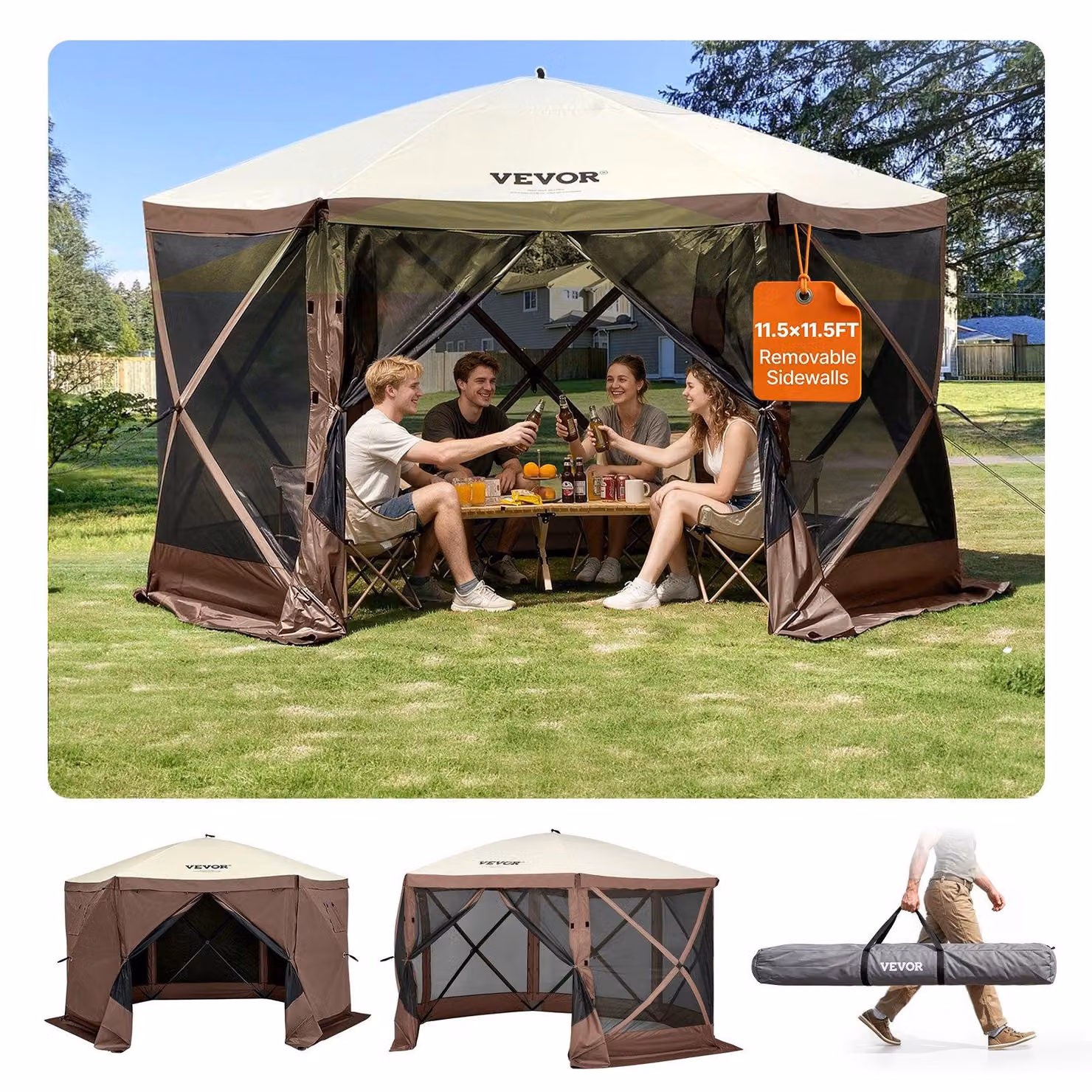VEVOR tenda a padiglione pop-up, tenda pop-up con 3,5 x 3,5 m, tenda a montaggio rapido con zanzariera, marrone