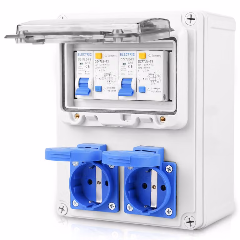 Distributore di corrente, quadro di distribuzione a parete, 2 prese da 16 A, grado di protezione IP65 (resistente all'acqua), adatto per interni ed esterni
