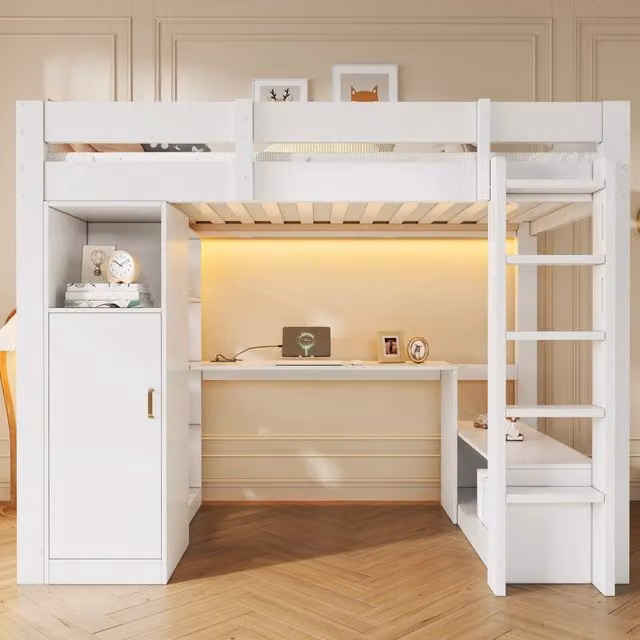 Letto a soppalco 90x200 con scrivania integrata; armadio; LED e struttura bianca