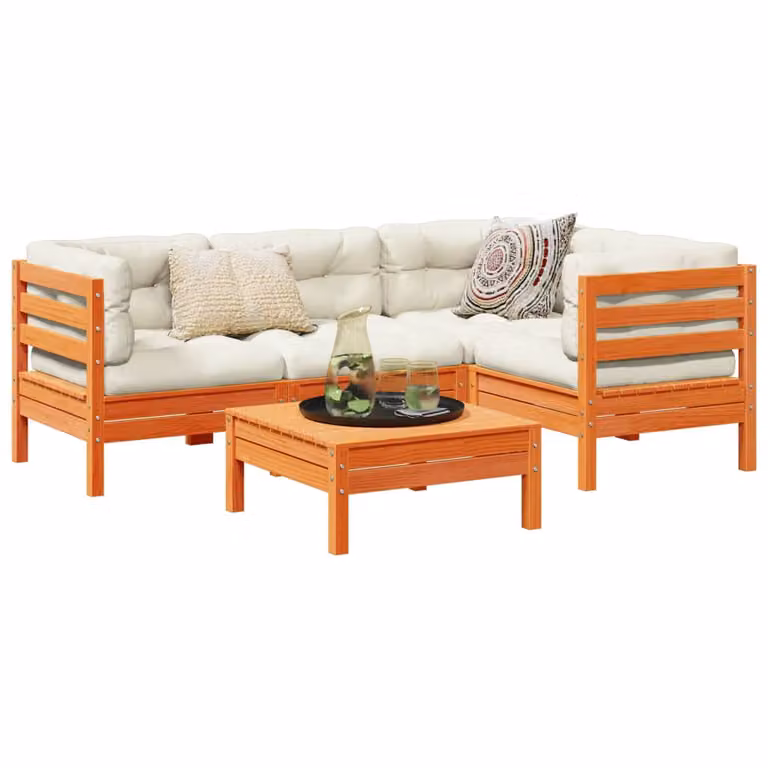 Set di divani da giardino vidaXL a forma di L in legno di pino massello con cuscini marrone e beige