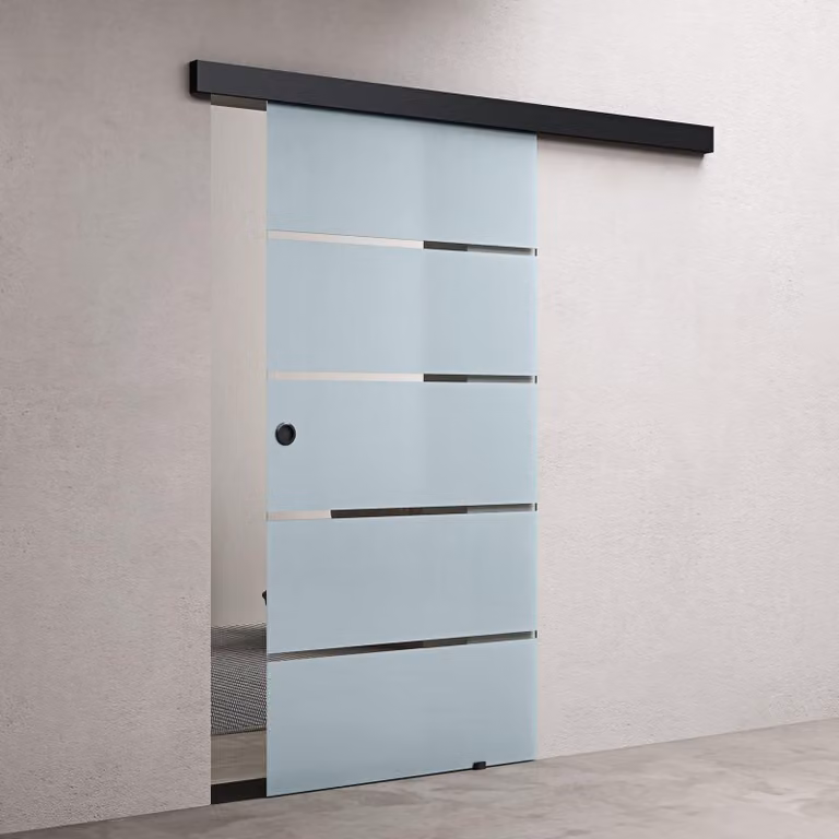 doporro Porta Scorrevole in Vetro Temperato 8 mm Opaco a Strisce, Trasparente, con Binario in Alluminio Finitura Nera, 77,5x215 cm Amalfi11H