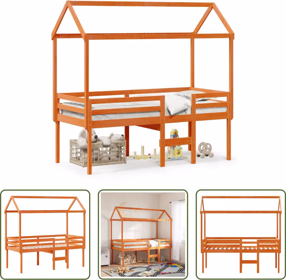 The Living Store Letto a soppalco con tetto a cera marrone 80x200 cm in legno di pino massiccio