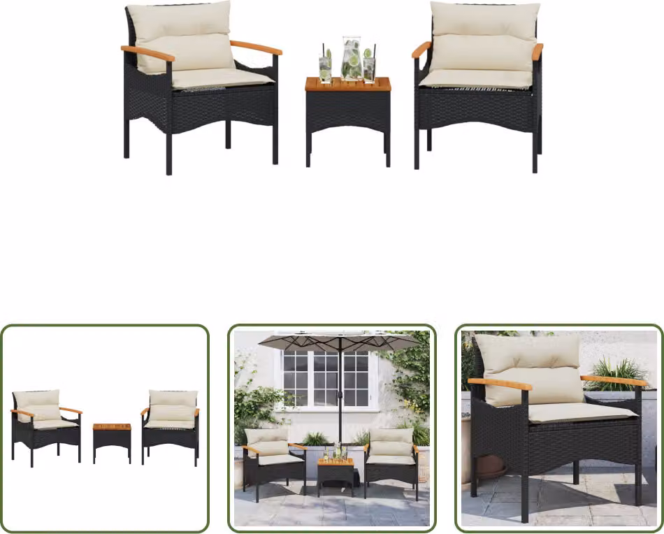 The Living Store Set di divani da giardino a 3 pezzi con cuscini in poly rattan nero
