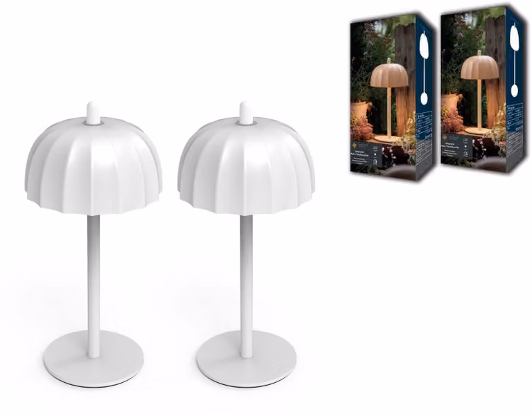 Lampada da tavolo Northpoint LED Umbrella a batteria, dimmerabile, con comando touch, per interni ed esterni, IP44, luce bianca calda, set da 2 pezzi, bianco