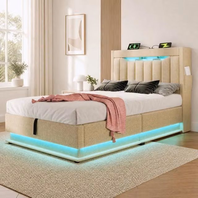Letto singolo imbottito ULEVR 90x200 cm con contenitore idraulico, LED, USB e Type-C, lino beige