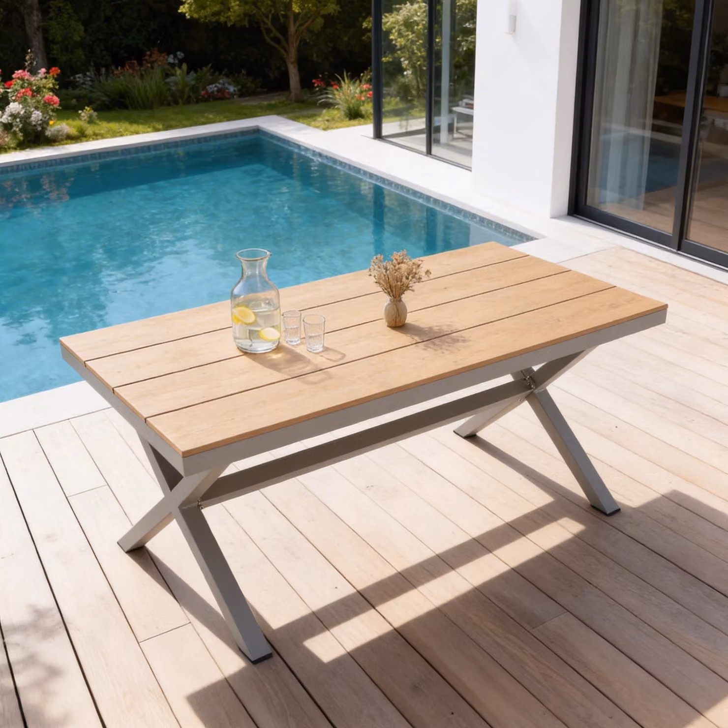 Tavolo da giardino WINDY, effetto legno WPC, champagne/naturale, resistente alle intemperie e all'usura. Ideale per giardino, terrazza e balcone, compresi mobili da terrazza e mobili da balcone.