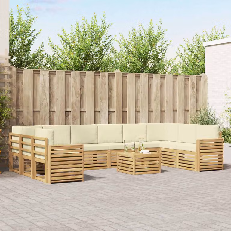 Set di divani da esterno vidaXL 11 pezzi a forma di L con tavolino da caffè, struttura in legno di acacia e cuscini in poliestere bianco e beige