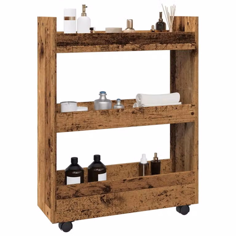 Carrello stretto a 3 livelli vidaXL in legno antico marrone con ruote per cucina, soggiorno o bagno, L/P/H: 60 x 20 x 80 cm