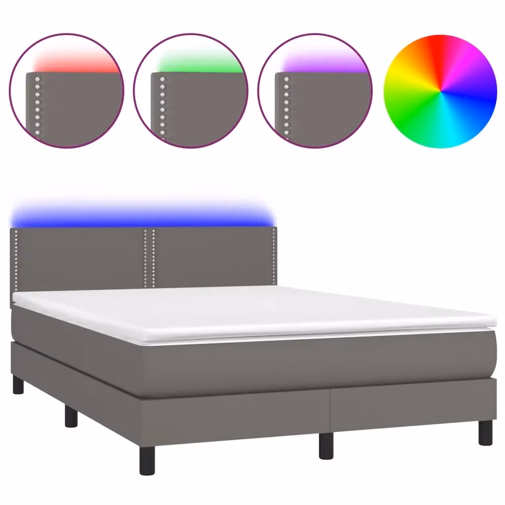 vidaXL Giroletto con Molle, Materasso e Illuminazione LED in Similpelle Grigia, L/P: 140 x 190 cm – 2
