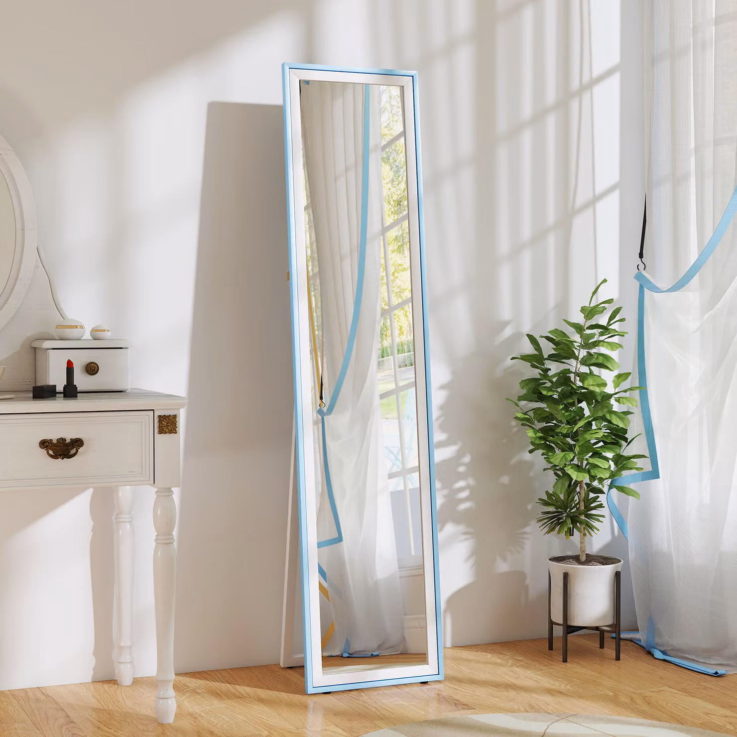 Specchio da terra a figura intera HOMCOM con cornice in MDF rettangolare, bianco e blu, L 37 cm x P 4 cm x H 157 cm – 2