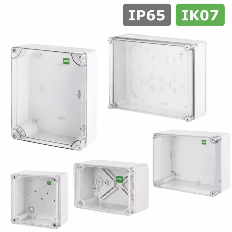 Contenitore vuoto, grado di protezione IP65, frontale trasparente, scatola industriale grigia
