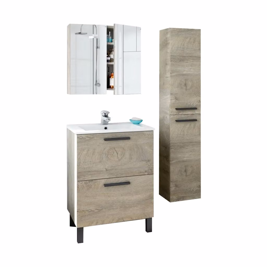 Set Mobili Bagno Moderno DMORA Somaglia in Rovere Marrone con Mobile Lavabo, Colonna e Specchio – 2