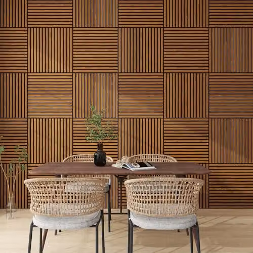 NEU.HOLZ Set di 8 Pannelli Murali 3D Fonoassorbenti 60x60 cm a Listelli Dritti per Pareti Soffitti Moduli Decorativi Copertura 2,88 m² - Effetto Legno Teak