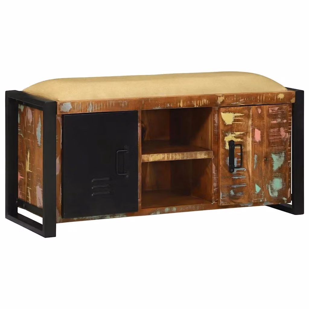 Armadio Panchina Multicolore in Legno Massello di Recupero con Scarpiera Stile Industrial per Soggiorno e Ingresso L: 110 cm, P: 35 cm, H: 50 cm – 2