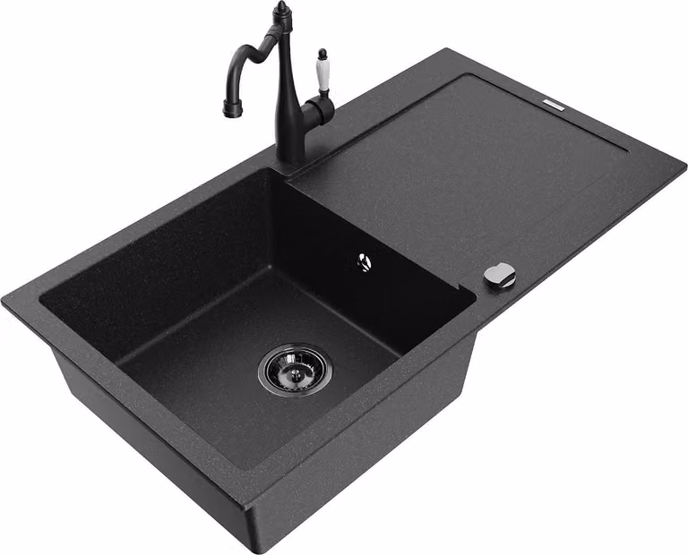 Mexen Leo lavello in granito a 1 vasca con sgocciolatoio e rubinetto da cucina Carla, nero/argento metallizzato