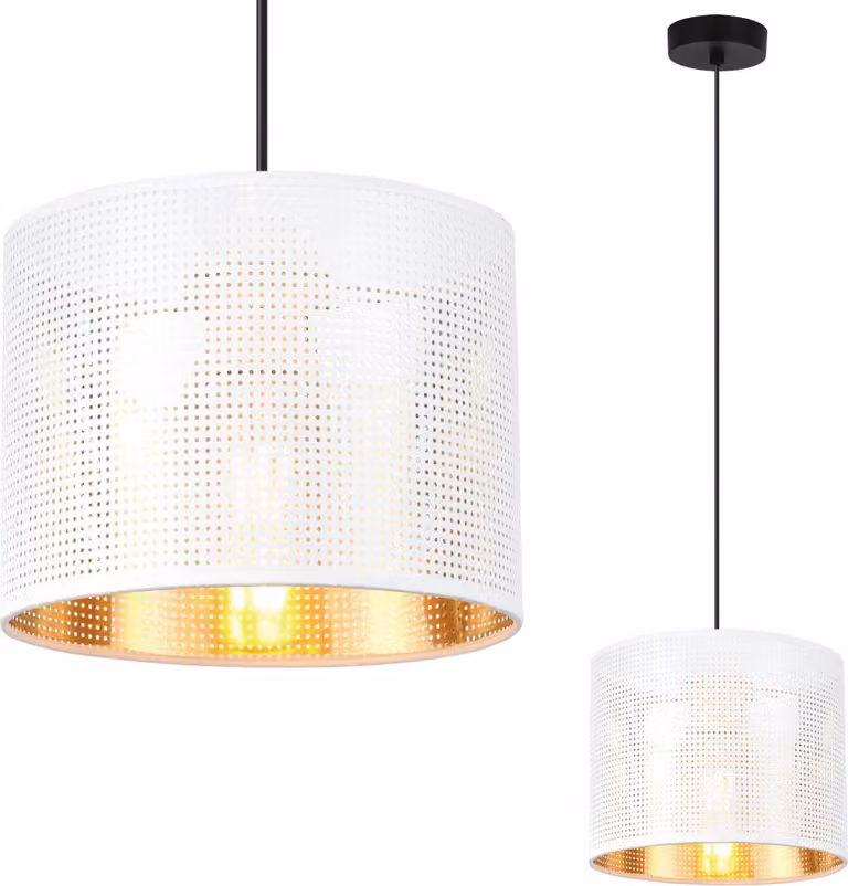 Lampada A Sospensione Asti Black 1 Paralume Piatto Bianco Oro 20Cm