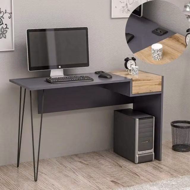 Scrivania moderna Candy antracite e noce con porte USB L: 121 cm, P: 45 cm, H: 76 cm
