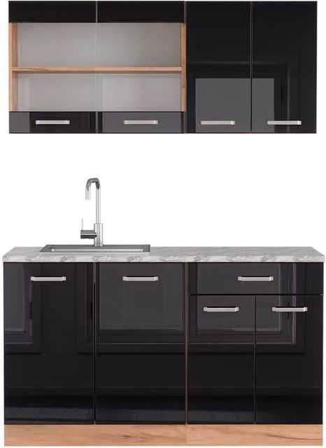 Cucina monoblocco R-Line Nero lucido/Rovere dorato 140 cm, PL Marmo Vicco