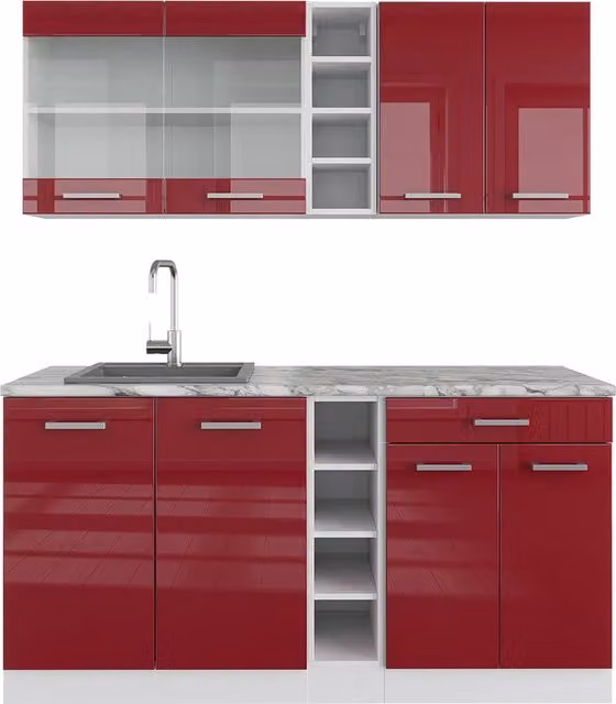 Cucina completa R-Line Rosso lucido/Bianco 160 cm, PL Marmo Vicco