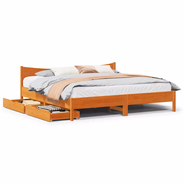 vidaXL Giroletto in legno massello di pino con cassetti, Marrone Cera, 180 x 200 cm
